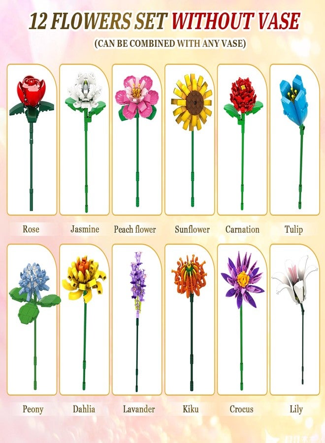 RASOUT Flowers Bouquet Building Set - 12 Kinds of Flowers Botanical Collection and Decorative Home for Mother's Day, Birthdays, Gifts Ideal for 6+ Women Girls Adults, No Vase - Image 4
